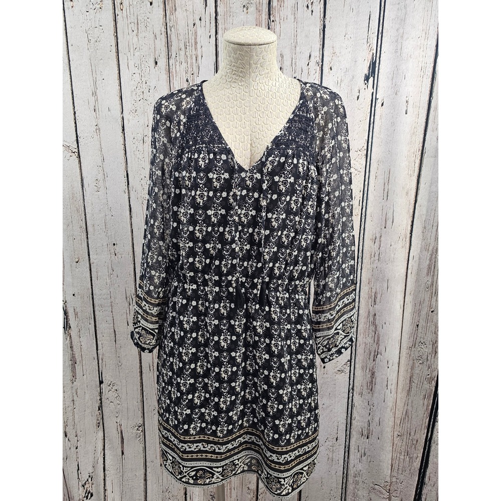 Madewell‎ 6 Floral Print Tassel Dress Mini 3/4 Sleeve Shift Smocked Boho Casual
